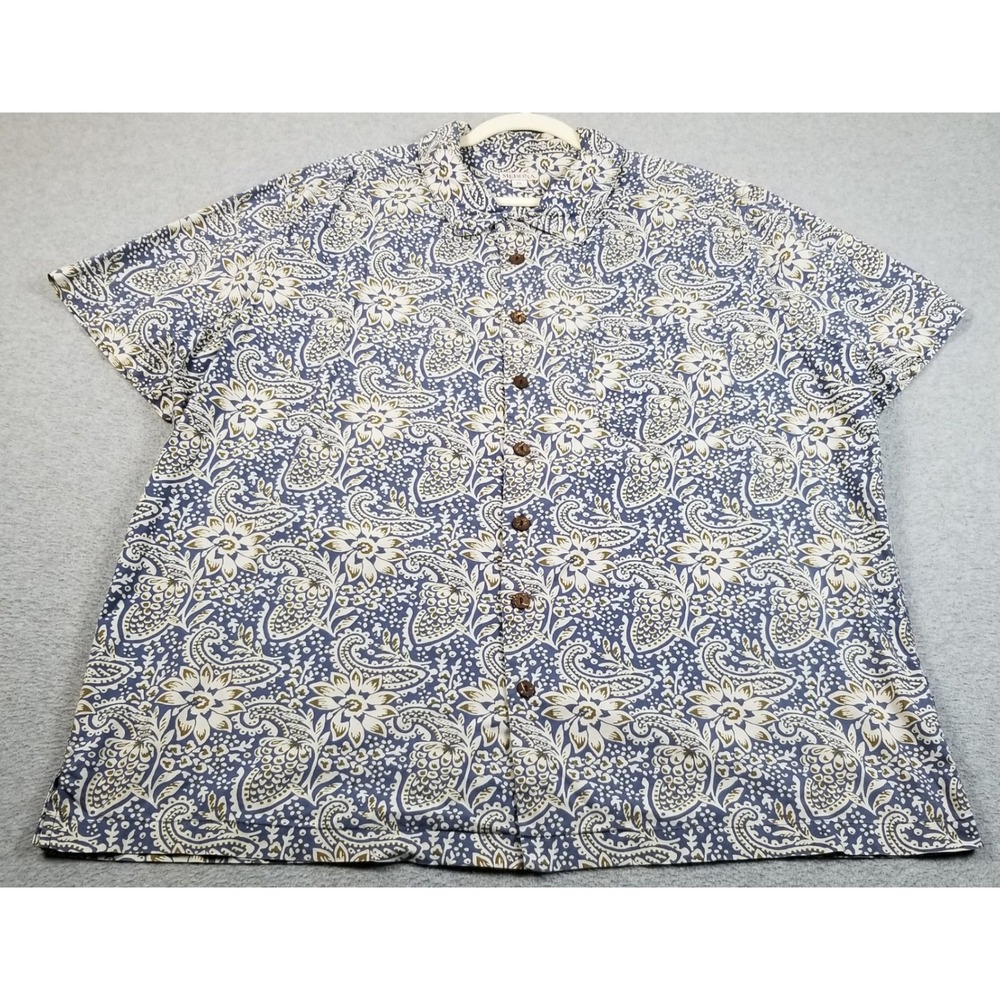 Merona Button Up Shirt Men's XL Blue Green Paisley Floral Short Sleeves Cotton
